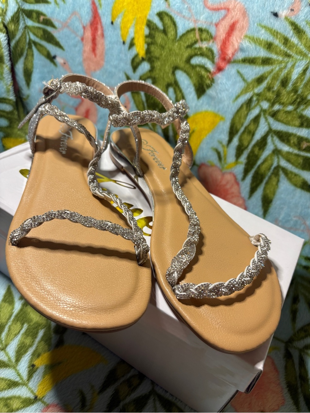 Forever Link Silver Braided T-Strap Flat Sandals